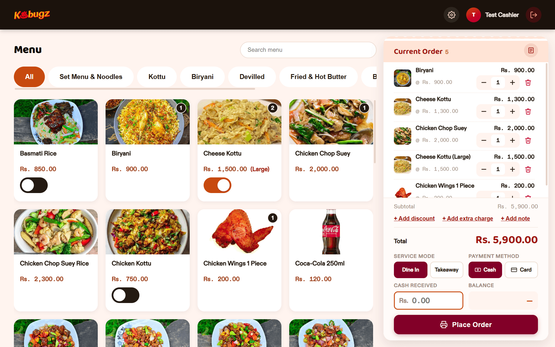 Kbugz point-of-sale screen with menu categories and an order of five items totalling Rs. 5,900